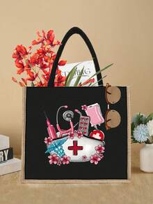 女士托特包 - 护士图案单肩包，便携手提包，手绳钱包，化妆包，零钱包，大容量购物袋，女士亚麻大容量手提包。大容量，购物袋。女士礼物，完美的节日单肩包，护士礼物，母亲节礼物，适合日常旅行、海滩度假、学校、大学、工作、商务、通勤、户外、度假 - 黑色 - 查看 5
