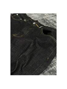 2025 Men's Black Selvedge Denim Jeans - Raw Narrow Loom Straight Wide Leg A-Line Pants - Black Regular Style - View 3