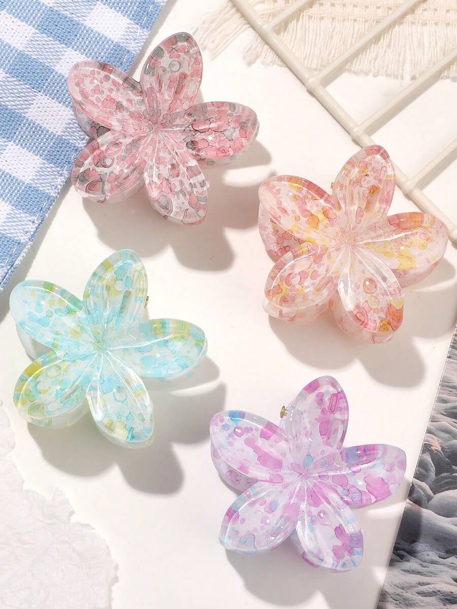 4 件迷你飞溅油漆果冻奶油色小号 1.6 英寸雏菊花发夹，简约甜美度假风格发饰秋冬发夹 - 彩色 - 查看 1