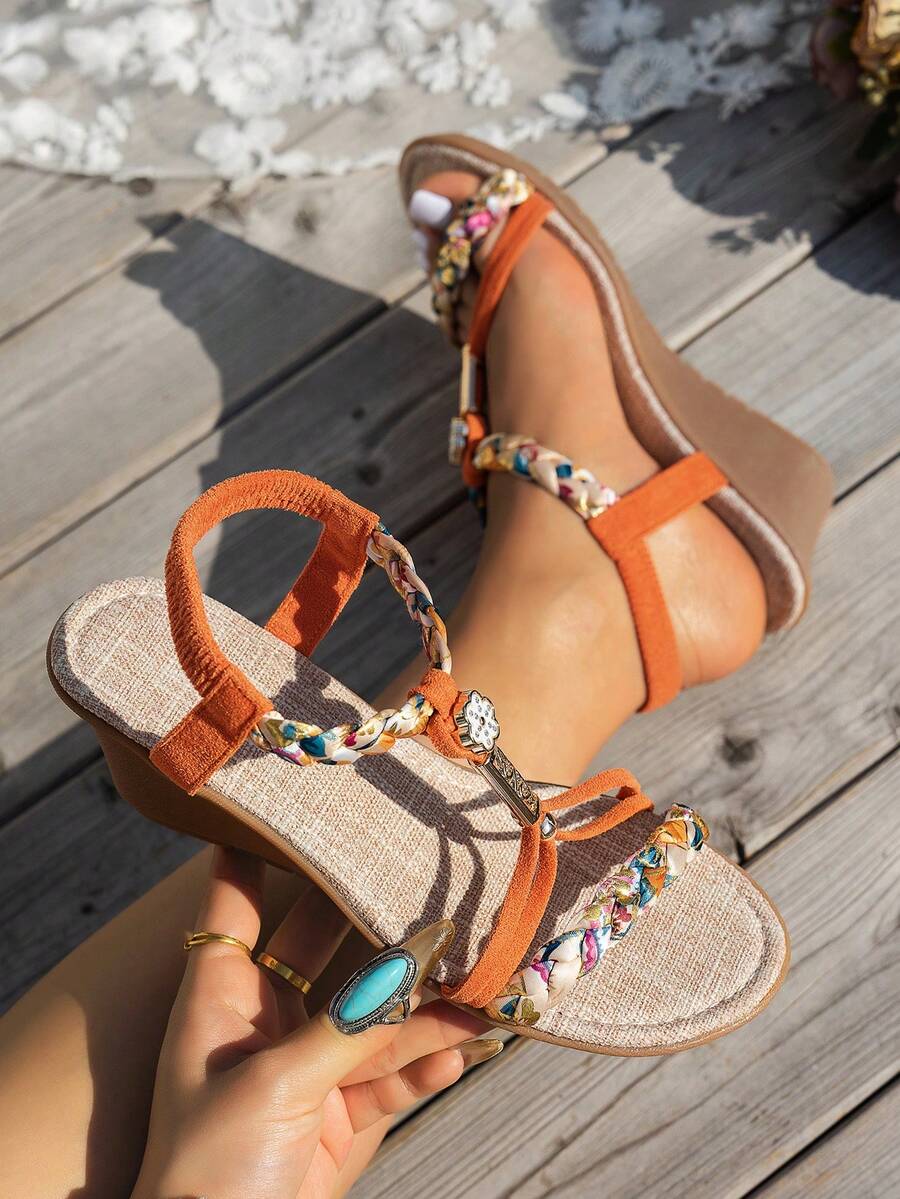 WRCVS Sandal quai đan bạc, giày đế xuồng cao, đế dày, thủ công đính cườm, sandal đế xuồng nhẹ nhàng phong cách bohemian cho kỳ nghỉ. - trái cam - Xem 1