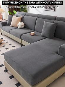 1件装毛绒天鹅绒沙发坐垫套，现代简约防滑面料，弹性加厚时尚沙发坐垫套，沙发毯，可机洗，防尘，防刮，适用于卧室、办公室、客厅L型沙发和1/2/3/4座组合沙发 - 深黑 - 查看 8