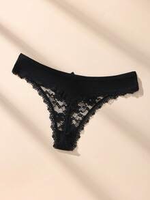 3 件套黑色性感蕾丝拼接女士丁字裤，可爱蝴蝶结柔软舒适透气内衣 - 黑色 - 查看 6