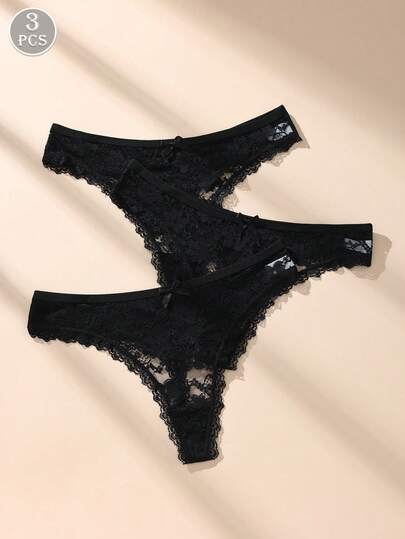 3 pezzi/set Perizoma sexy in pizzo nero e patch per donna, biancheria intima morbida, comoda e traspirante con fiocco carino