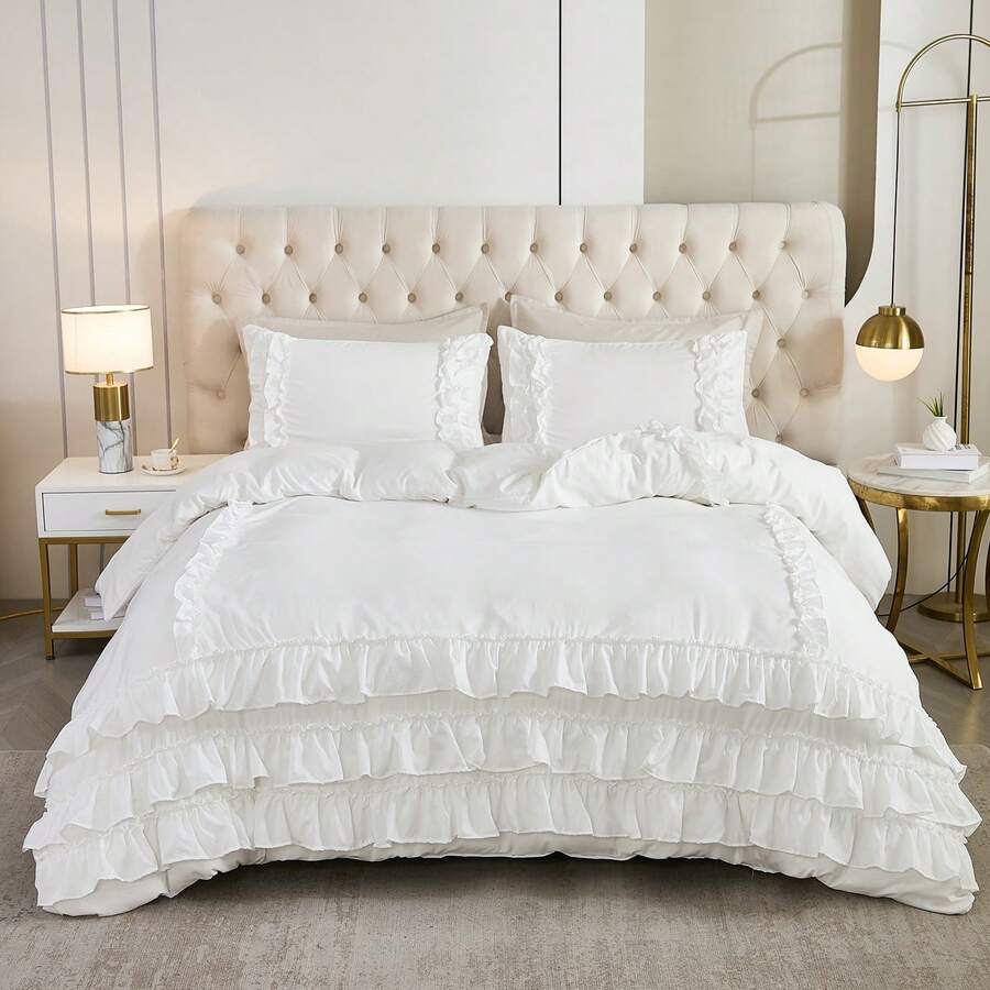 3 Pcs White Ruffle Comforter Set Boho Shabby Chic Bedding Sets, Soft Fluffy Comforters Sets For All Season,Vintage Ruffled Microfiber Lightweight Quilt Set Gift For Women Girls For Room Decor With 1 Comforter And 2 Pillowcases - White - View 1