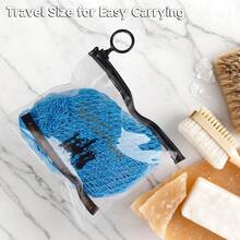 Esponjas africanas auténticas de SubSahara - Set de 2 piezas de exfoliante para todo tipo de piel, esponja de baño para cara y Body, portátil para viajes, duradera, exfoliación suave - Lino y azul cielo - Ver 5