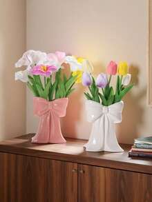 1 pieza Jarrón de cerámica creativo con lazo, adecuado para decoración de habitación, sala de estar, decoración del hogar, escenario, dormitorio, estilo decorativo, color rosa, blanco, rojo, verde