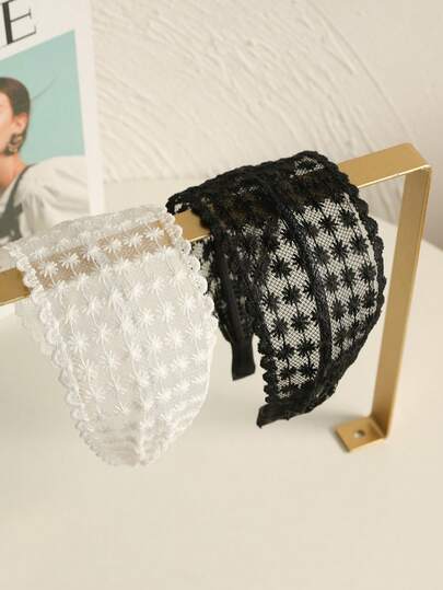 2 件套超宽加大码百搭花卉刺绣蕾丝头带，适合女性日常使用，发带，发箍