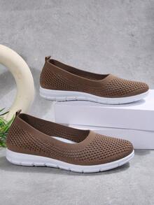 休闲刺绣透气一脚蹬平底鞋，夏季新款棕色圆头户外步行鞋，时尚百搭舒适轻便帆布鞋 - 咖啡棕 - 查看 6