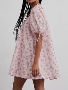 Women Summer Puff Sleeve Cherry/Floral Print Mini Dress Square Neck Ruffle Trim Casual Loose Short Party Dress Nightdress - 粉色 - 查看 3