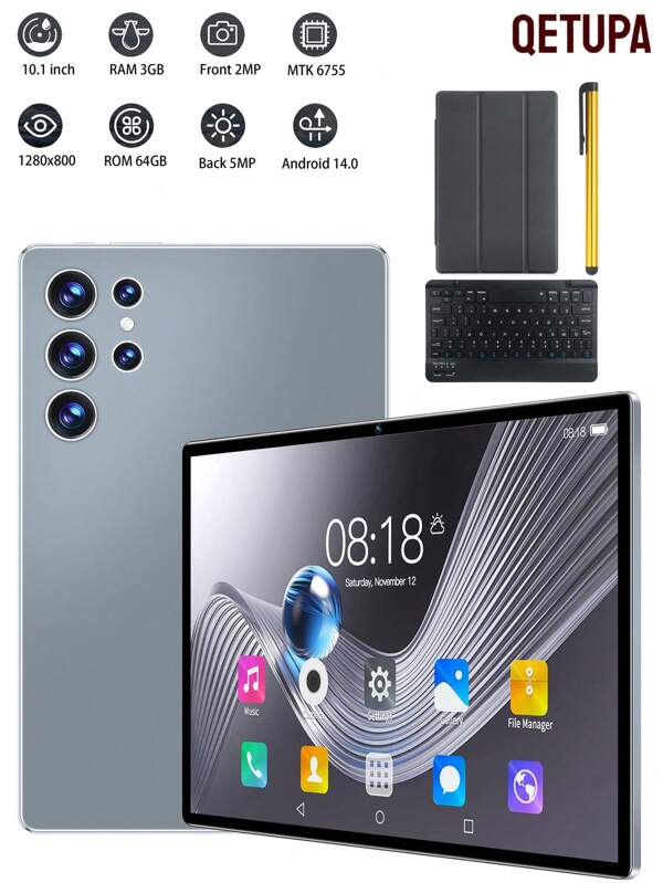Qetupa Tablet Android 14 de 10,1" Z50, 3GB RAM + 64GB ROM, procesador Quad-Core MTK 6755 de 1.3GHz, pantalla táctil IPS HD (1280x800), Bluetooth 5.2 y Wi-Fi 802.11ac, GPS, cámara frontal de 2MP y cámara trasera de 5MP, batería de 6000mAh, sin soporte para tarjeta SIM, con teclado, funda y lápiz stylus