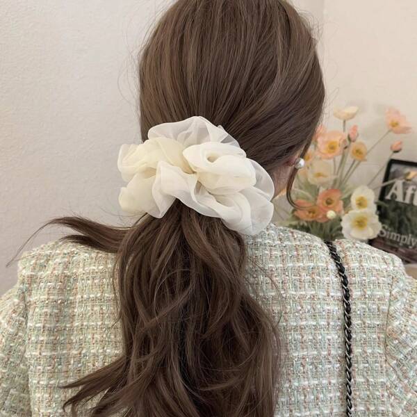 1pc Simple Elegant Mermaid Bubble Net Tulle Hair Scrunchie, Large Size Hair Tie Ponytail Holder For Women, Spring/Summer Scrunchies Scrunchy Hair Ties