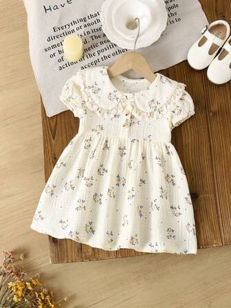 1pc Girls Floral Print Ruffle Collar Short Sleeve Loose Casual Soft Dress,Summer Outdoor/Vacation Wear