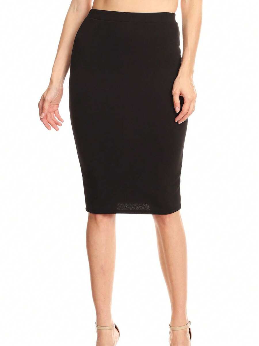 Casual High Waist Slim Stretch Pull-On Bodycon Pencil Solid Midi Skirt - 黑色 - 查看 1