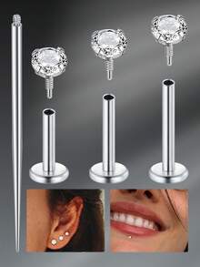 CIZME Khuyên môi/khuyên tai bằng thép titan 18G 6/8/10mm, ren trong, unisex; Khuyên môi/khuyên tai/khuyên mũi đáy phẳng bằng đá Cubic Zirconia khắc họa tiết G23 6/8/10mm ít gây dị ứng, bằng thép titan, phụ kiện đeo hàng ngày, phù hợp cho nữ. - Bạc - Xem 9