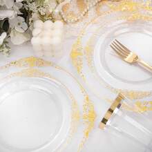 200pcs Transparent Gold Palace Style Plastic Gold Tableware Set, Suitable For 25 Guests, Including 25 Dinner Plates, 25 Dim Sum Plates, 75 Knives, Forks, Spoons, 25 Cups, 25 Napkins And 25 Straws. Very Suitable For Weddings And Parties - Vàng trong suốt - Xem 4