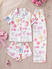 Set de 3 piezas de pijama con shorts y pantalones de mujer con bolsillo y estampado de lazo, apto para primavera, verano y otoño - Multicolor - Ver 3