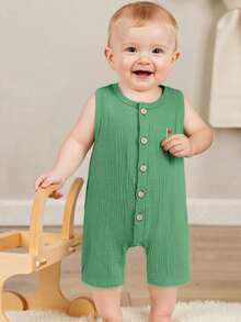 Newborn Infant Baby Boy Golf Clothes Golf Embroidery Sleeveless Summer Romper Overalls Round Neck Button Down Bodysuit Jumpsuit Casual Baby Summer One Piece Outfit - Green - View 1