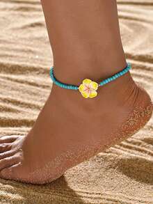 波西米亚度假风格花朵串珠编织可调节女士脚链