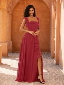 MOEVIO 女士优雅露肩荷叶袖A字高开衩伴娘婚礼宾客正式晚礼服，适合舞会、毕业典礼、返校节、节日、秋季等场合 - 玫瑰紅 - 查看 4