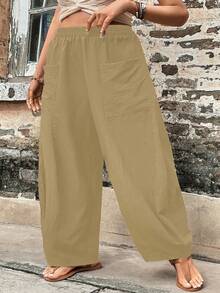 Plus Size Women's Relaxed Fit Elastic Waist Casual Wide Leg Pants, Versatile For Vacation And Daily Wear In Spring & Summer - Apricot - View 4