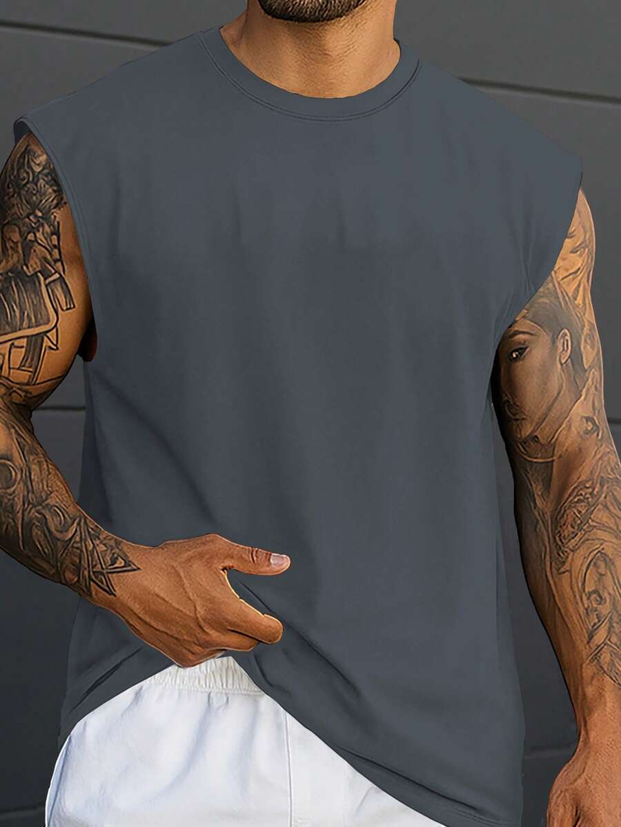 大码男式纯色圆领休闲宽松背心 - 灰色 - 查看 1