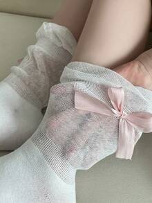 1 Pair Girls Thin Long Socks With Bow Lace Details, Princess Style Solid Color Mid-Calf Socks For Teens And Children - Multicolor - View 6