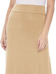 Maxi Length High Waist Foldable Waistband Solid Skirt  Plain  Casual  Elegant  Knitted Fabric        Home  Office  Street  Daily - 卡其色 - 查看 5