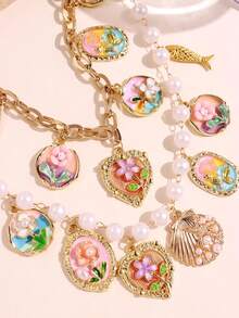 1pc Vintage Elegant Floral Necklace, Multicolor Enamel Alloy Pendant Beaded Necklace For Women, Cute Flower, Shell, Fish, Heart Design For Daily Wear - Multicolor - View 5