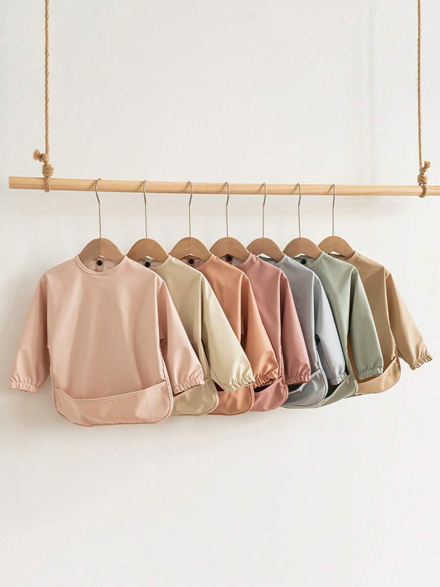 1pc Soft PU Long-Sleeved Waterproof Feeding Bib, Baby Bibs Plain Color, Long Sleeve Feeding Bib, Reverse Wear, Solid Color, Smock For Baby And Toddler Bib Suit