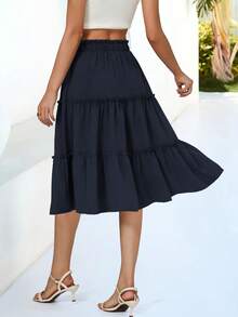 秋季女士中长裙 A 字形休闲长裙 荷叶边多层中长裙 黑色带口袋半身裙 - 藏蓝色 - 查看 5
