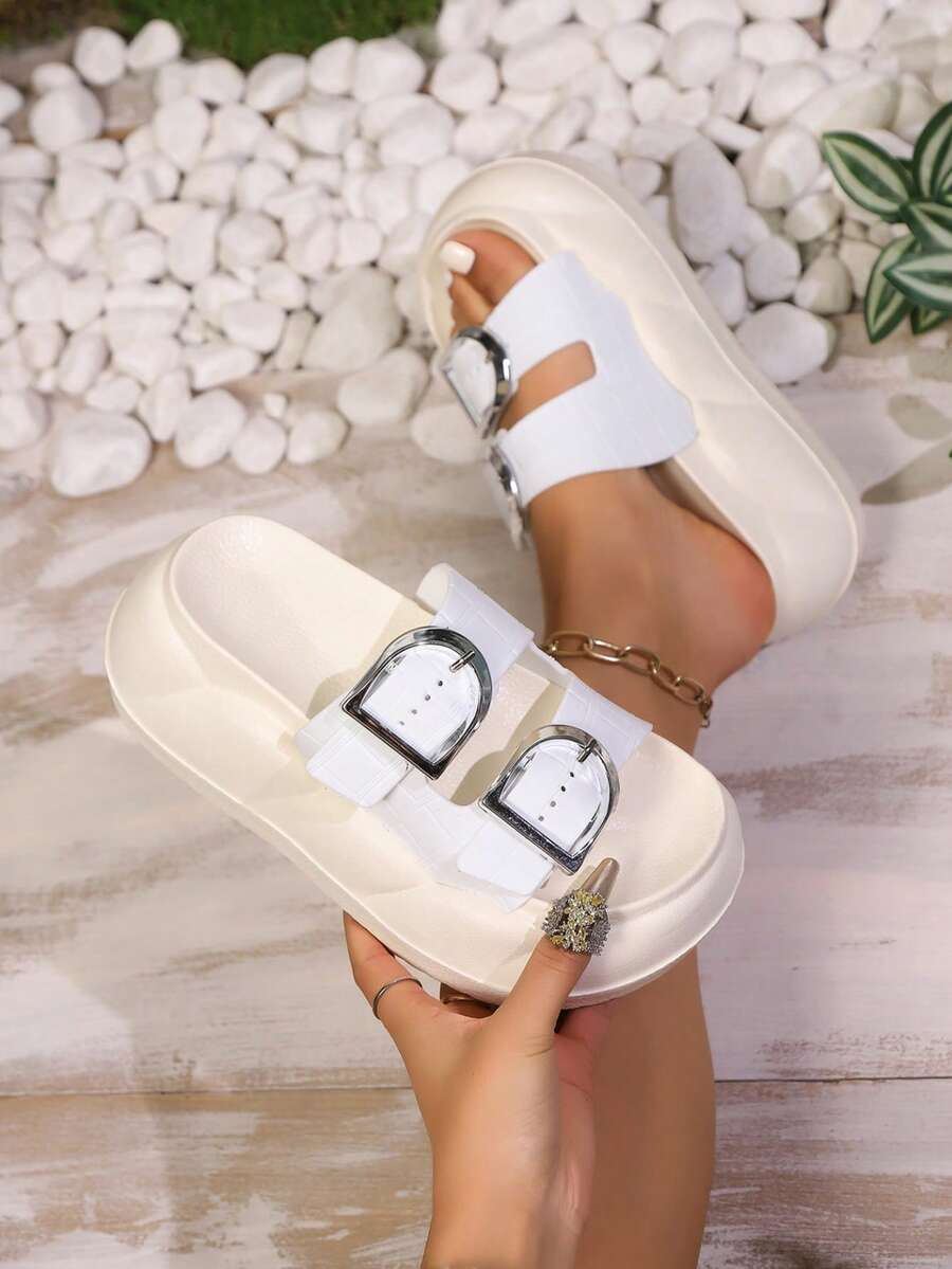 Dép xăng đan mùa hè thoải mái cho nữ - Thiết kế đế dày, Trang trí khóa kim loại, Phong cách tối giản, Cổ thấp hở mũi, Dép lê, Mùa hè thường ngày, Thích hợp cho hàng ngày và du lịch, Chất liệu EVA - trắng - Xem 1