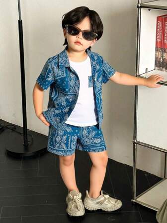 3pcs/Set Young Boy Casual Retro Print Shirt, Short Pants, Stylish Outfit Set, Suitable For Spring/Summer Daily Wear & Outdoor Play