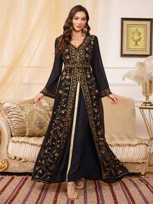 女士长袖串珠二合一长袍 - 黑色 - 查看 3