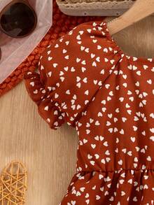 少女情人节爱心印花方领泡泡袖鱼尾连衣裙 - 鏽棕色 - 查看 5