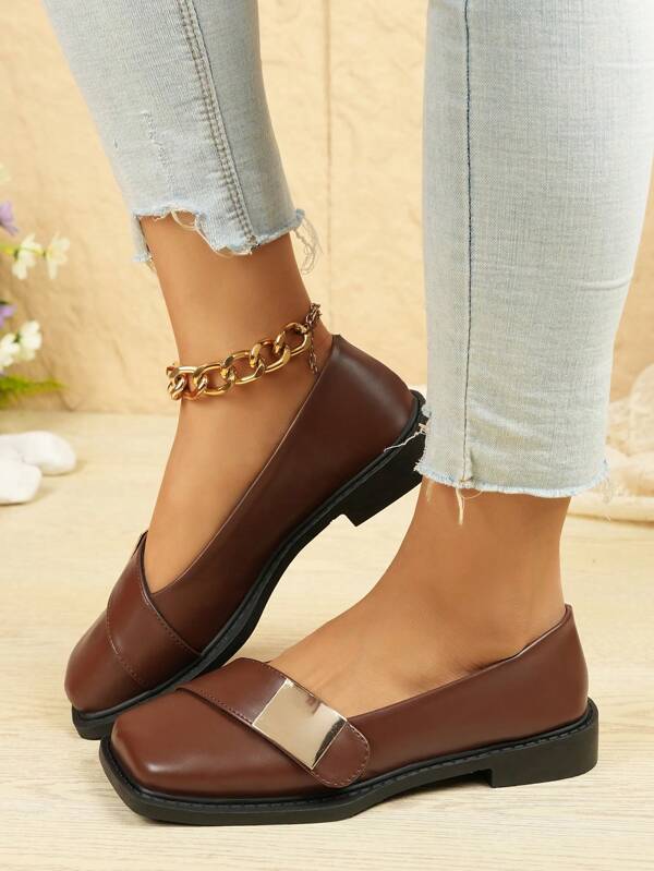 Women's Casual Flat Slip-On Loafers, Comfortable Nude Color Office/Formal Shoes With Buckle Metal Decor