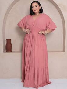 Plus Size Long Dress V Neck Short Sleeve - Burnt Pink - View 3