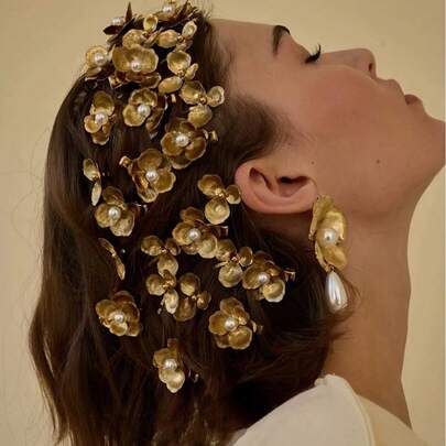 مشبك شعر على شكل زهرة من اللؤلؤ بطراز قصر قديم (ريترو), مشبك جانبي فرنسي جوي , إكسسوار شعر من سبيكة معدنية لامعة فاخرة وعصرية متعددة الاستخدامات