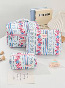 1PC Blue Striped Flower Makeup Bag, Quilted Portable Toilet Bag, Makeup Bag, Large Capacity Storage Bag, Suitable For Wallet, Lipstick, Sanitary Napkins, Pads, Coins, Keys, Earphones, Earphones And Accessories, Travel Storage Bag, Earrings, Bracelets, Necklace, Glasses, Sunglasses, Suitable For Women, Girls, Teenagers, Candy, Nurses, Female Students, Students, Gifts. Cosmetic Bag
