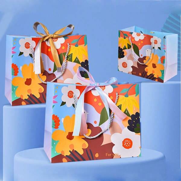 Set de 4 piezas/10 piezas Bolsas de regalo con flores y pájaros Mori, frescas y sencillas, bolsas de papel portátiles con cinta para recuerdos de boda, fiestas de cumpleaños, regalos de tienda, bolsas Tote para el Día de la Madre, embalaje de cartón, regalos de verano, regreso a la escuela, suministros escolares, decoración de habitación