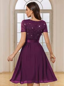 MIUSOL Deep V Neck Sequin Floral Lace Contrast Chiffon Pleated Hem Prom Party Swing Dress,For Birthday, Wedding Guest, Graduation Homecoming - Maroon - View 3