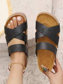 Women's Solid Color Flat Sandals, Elegant Fashion Woven Detail Lightweight, Comfortable Summer Beach Slippers, Suitable For Mother's Day - Black - View 1