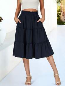 秋季女士中长裙 A 字形休闲长裙 荷叶边多层中长裙 黑色带口袋半身裙 - 藏蓝色 - 查看 3