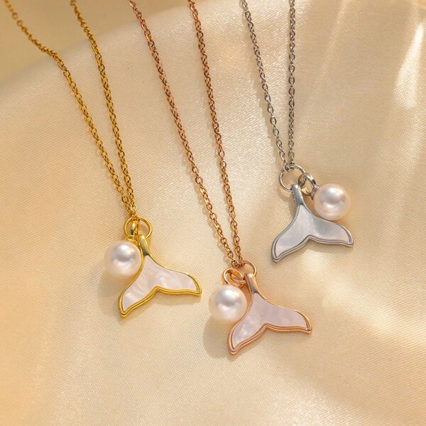 1 pieza Colgante de ballena de acero inoxidable minimalista con perla, joyería DIY