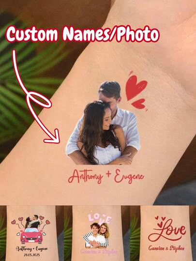 LICVIC 12-300pcs Customized Name/Photo Temporary Tattoo Stickers, Personalized Stickers, Suitable As Valentine's Day Gifts, Applicable For Various Parties Such As Celebrations, Weekend BBQs And Cocktail Parties, Easy DIY, Most Popular Single-Use Party Tattoo Stickers, Unique Gifts For Anniversary, Wedding, Birthday, Valentine's Day, Christmas, Festivals To Give To Loved Ones, Suitable For Adult Men And Women Gatherings, Applicable For Hands, Multiple Sizes Available