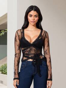 Omen's Y2K Long Sleeve Sheer Mesh Top Deep V Neck Embroidery Floral Lace Top See Through Going Out Crop Tops - Black - View 6