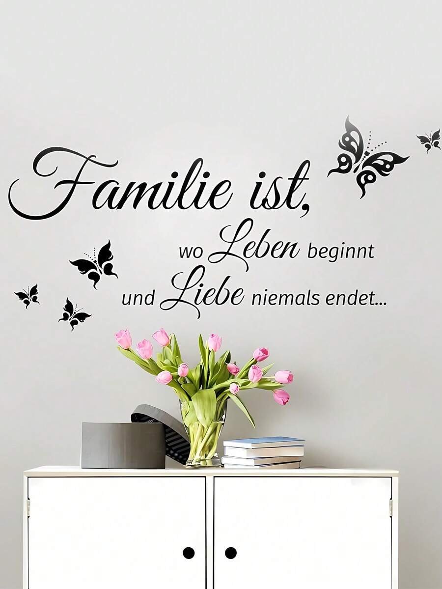 1 Stück Wandtattoo mit inspirierendem Zitat, schwarze PVC selbstklebende abnehmbare motivierende Wandaufkleber mit schönem Schmetterling-Wandaufkleber, Spiegelaufkleber mit inspirierenden Worten "Familie ist, wo das Leben beginnt und die Liebe niemals endet", Vinyl-Aufkleber für Heimdekoration, Frühlingsdekoration, um Ihr Zuhause aufzufrischen, Festdekoration, Geschenke, Geburtstag, Abschluss, personalisierte Aufkleber
