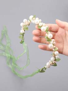 1pc Pastoral Style Ribbon & Faux Pearl Headband, Delicate Green Leaf Floral Wreath Headdress For Bridal Wedding Hair Accessories
