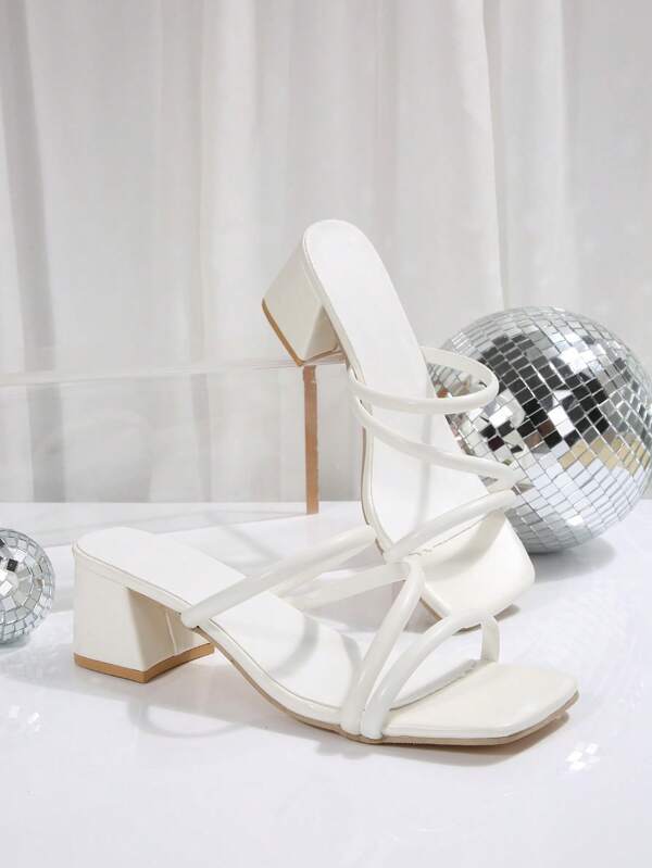 Women's White Lace-Up Chunky Heel Sandals, Square Toe Slip-On High Heels, Fashion Wedding Party Shoes For Women