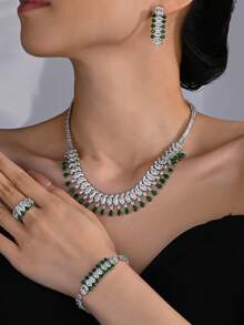 4 件套时尚绿色锆石水滴项链、手链、耳环和戒指首饰套装，适合新娘婚礼、派对 - 四件套 - 查看 12