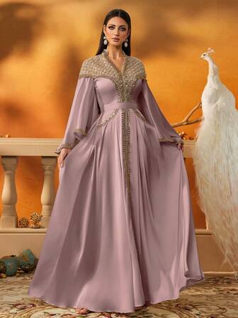 Elegant Pink Embroidered Formal Kaftan Dress With Beaded Bodice And Flared Sleeves, Long Arabic Jalabiya Gown For Women, Ramadan Outfit, Eid Abaya, Party Kaftan,Muslim Evening Abaya, Long Formal Robe Dress, Modest